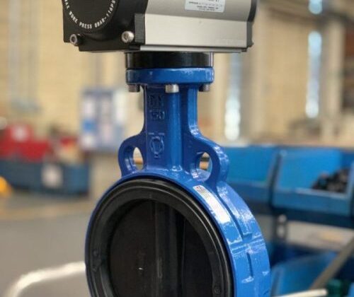 Electric blue and black butterfly valve